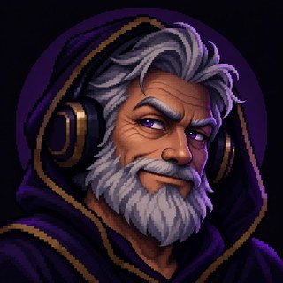 8 Bit Elder avatar: pixel-art elder in a purple hood with headphones